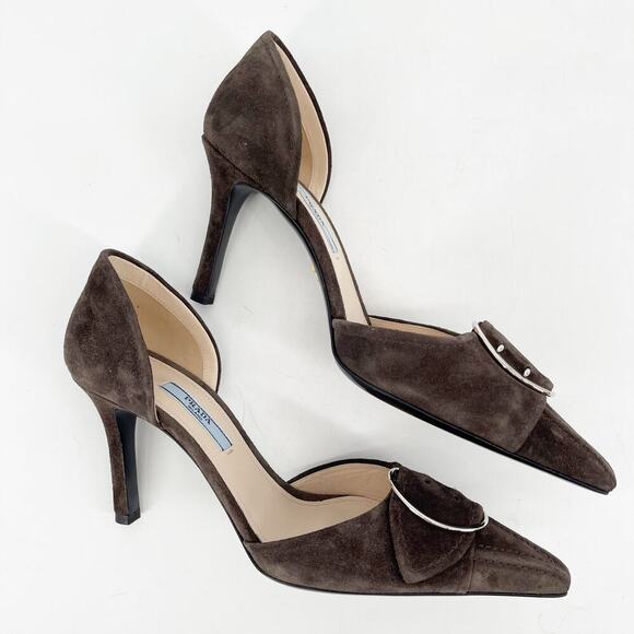 Prada IT 40 Graphite Suede D’Orsay Pumps with Oversized Buckle New with Box - Picture 4 of 13